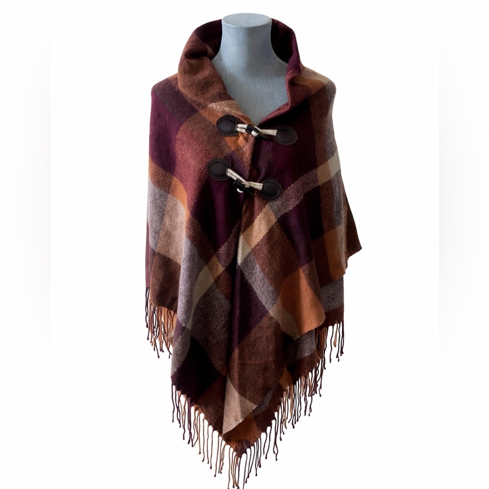 Moss Rose Burgundy Brown Plaid Fringe Toggle Cape Poncho OS